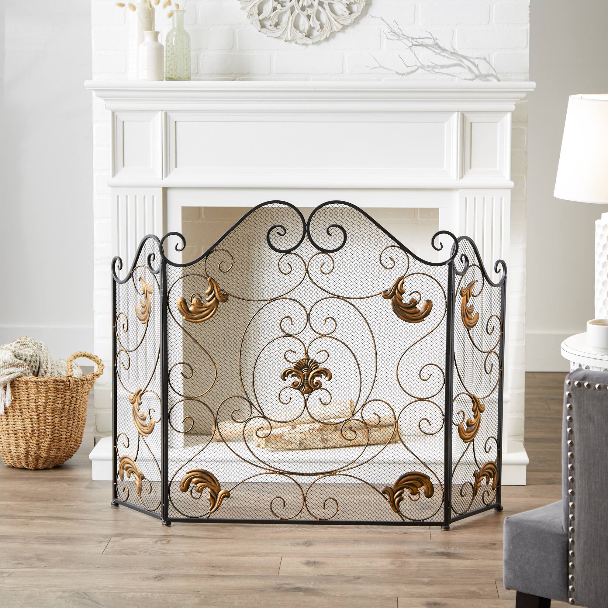 31" x 28" Gold Fleur‑de‑Lis Fireplace Screen